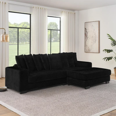 Corduroy Tufted Upholstered Sectional Sofa with Reversible Chaise, Black
