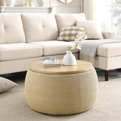 2-in-1 Round Storage Ottoman with Removable Lid, Natural