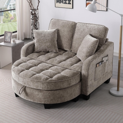 2-Seater Sofa Chaise Lounge with Irregular Curved Armrests, Ergonomic Backrest, Brown