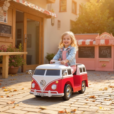 Qaba 12V Kids Ride on Car, Lisensed Volkswagen T1 Electric Vehicle with Dual Motor and Soft Start for 3-7 Years, Red