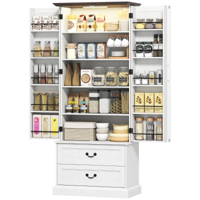 HOMCOM 72" LED Kitchen Pantry Cabinet, Buffet Storage Cabinet with 10 Door Shelves, 2 Drawers and Adjustable Shelves, White