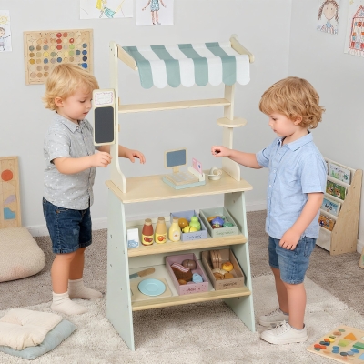 Qaba Kids Grocery Store Playset, Supermarket Toy Set with Cash Register, Chalkboard and Toy Food for Toddler Boys Girls 3+