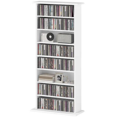HOMCOM 8-Tier DVD Shelf with 6 Adjustable Shelves, Slim CD Shelf, Holds 360 CDs, 185 DVDs or 185 Blu-rays, White
