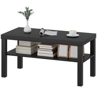 HOMCOM 2 Tier Coffee Table, Rectangular Center Table with Storage Shelf for Living Room, Home Office, Black