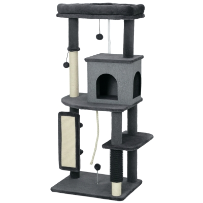 PawHut 52 Inch Cat Tree with Scratching Posts, Cat Bed, Condo, Grooming Brush, Jumping Platforms, Toy Balls, Anti-tip Kit