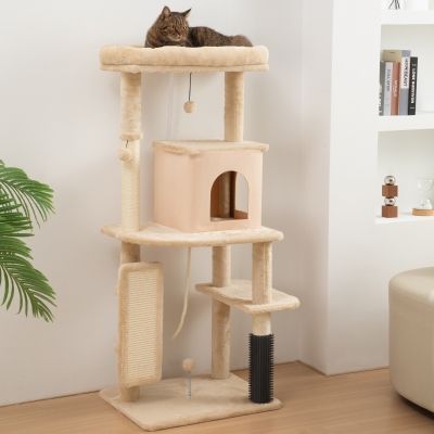 PawHut 52 Inch Cat Tree with Scratching Posts, Cat Bed, Condo, Grooming Brush, Jumping Platforms, Toy Balls, Anti-tip Kit