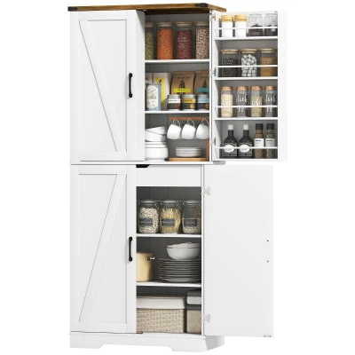 HOMCOM 72" Kitchen Pantry Cabinet, Farmhouse Storage Cabinet with 4 Doors, Drawer, 8 Door Shelves and Adjustable Shelf, White