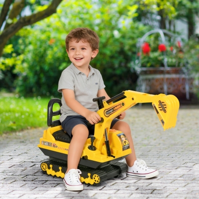 Qaba Kids Ride-on Excavator with Digger, Pretend Play Construction Truck with Under Seat Storage, Realistic Sound, Treaded Wheels, No Power Design