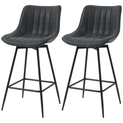 HOMCOM Set of 2 Counter Height Barstools, PU Leather Upholstered Bar Stools with Backrest, Footrest and Steel Legs, Black