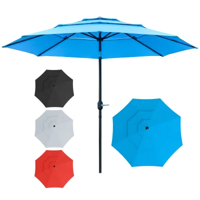 Outsunny 9FT 3 Tiers Patio Umbrella Outdoor Market Umbrella with Crank, Push Button Tilt for Deck, Backyard and Lawn, Sky Blue