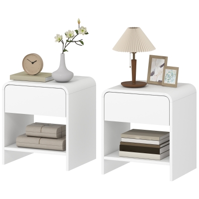 HOMCOM Nightstand Set of 2, Modern Bedside Table with Rounded Corners, Nightstand with Drawer and Open Shelf, Distressed White