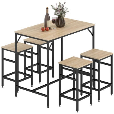 HOMCOM 5 Pieces Industrial Rectangular Bar Table Set, Dining Table Set Breakfast Table with 4 Stools for Dining Room, Kitchen, Dinette, Oak