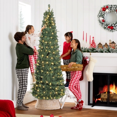 HOMCOM 7 ft Prelit Pop Up Christmas Tree, Collapsible Artificial Xmas Tree with Metal Stand for Holiday Decor, Green