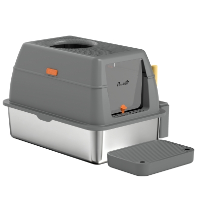 PawHut XL Stainless Steel Cat Litter Box, 80L Kitty Litter Box with Front/Top Entry, Trapping Step, Scoop, for Large Big Cats