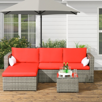 Outsunny 3pcs Modern Rattan Sofa Set, Wicker Patio Furniture Set with Coffee Table, Cushions, Pillows