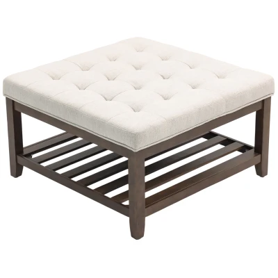 HOMCOM Ottoman Coffee Table, 32 Inch Square Footrest Ottoman with Storage, Linen Upholstered Tufted Footstool, Beige