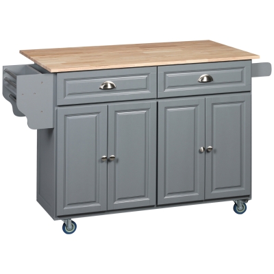 HOMCOM Kitchen Island with Storage, Rolling Kitchen Island with Drop Leaf, Rubber Wood Top and Adjustable Shelves, Grey