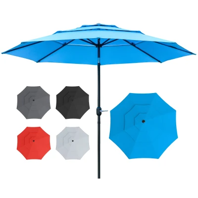 Outsunny 9FT 3 Tiers Patio Umbrella Outdoor Market Umbrella with Crank, Push Button Tilt for Deck, Backyard and Lawn, Sky Blue