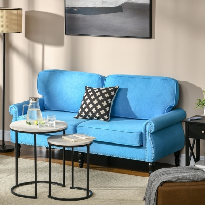 HOMCOM Stylish Midback Double Sofa with Sponge Padding, 2 Seater Sofa Couch, with Rubber Wood Leg, Light Blue