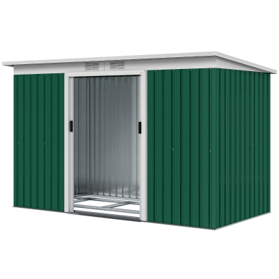Outsunny 9' x 4' Garden Tool Shed Metal Storage Shed Outdoor Equipment Tool Box with Foundation Kit, Ventilation & Doors, Dark Green
