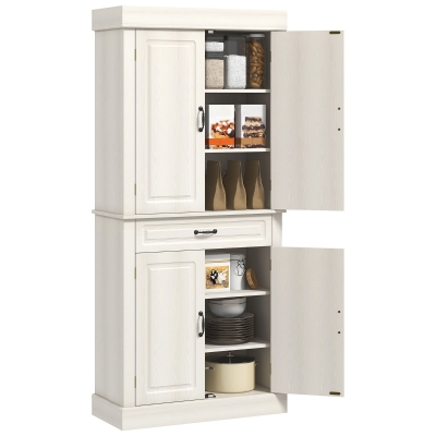 HOMCOM 71" Freestanding Kitchen Pantry with 4 Doors and 2 Cabinets, Tall Storage Cabinet for Kitchen, Distressed White