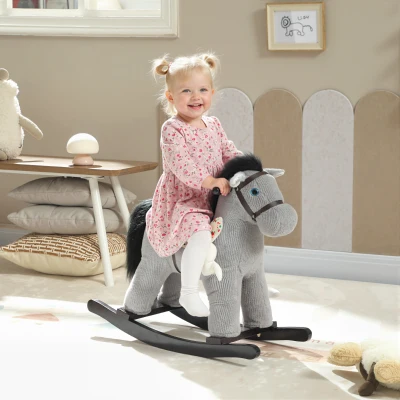 Qaba Kids Plush Rocking Horse with Sound, Toy for 2–5 Years, Gray