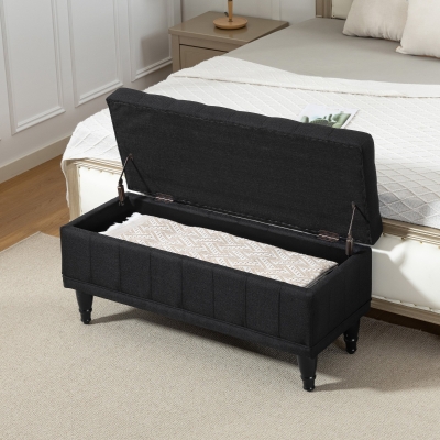 HOMCOM Storage Ottoman, Linen Fabric End of Bed Bench with Button Tufted Storage Bench for Bedroom, Black