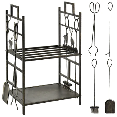 Outsunny 2-Layer Heavy Duty Firewood Rack Wood Log Fireplace Stacker  w/ 4 Tools, Black and Gold