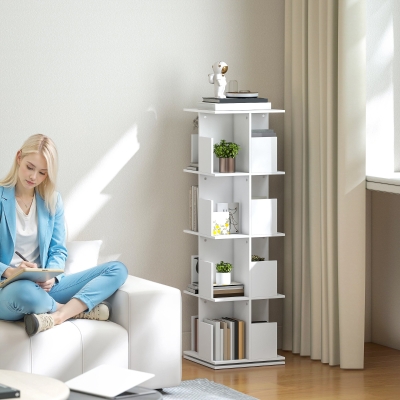 HOMCOM 360° Rotating Bookcase, 4 Tier Bookshelf with 16 Cubbies for Small Space, Living Room, Bedroom, Study, White Wood Grain