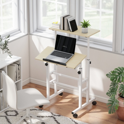 HOMCOM Stand Up Desk, Height & Angle Adjustable Computer Desk with Wheels for Standing or Sitting, Laptop Table, Natural
