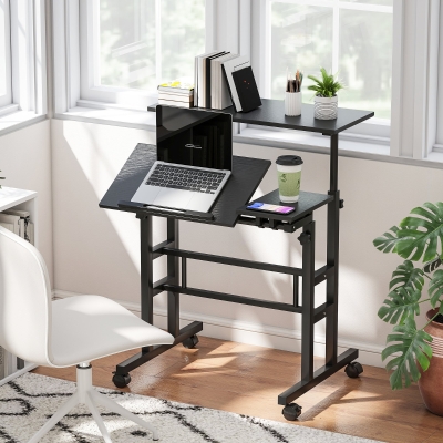 HOMCOM Mobile Stand Up Desk, Height & Angle Adjustable Computer Desk with Wheels for Standing or Sitting, Laptop Desk, Black
