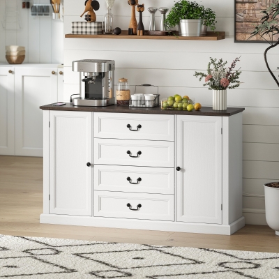 HOMCOM Farmhouse Sideboard with Charging Station, 58" Buffet Cabinet, Kitchen Storage Cabinet with 4 Drawers, 2 Doors, White