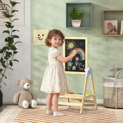 Qaba Wooden Art Easel, Double Sided Kids Easel with Height Adjustable Chalkboard and Magnetic Whiteboard, Natural
