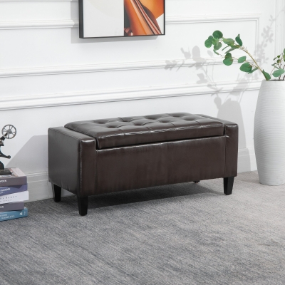 HOMCOM Storage Ottoman Bench, PU Leather Upholstered Bench with Tufted Design, Brown