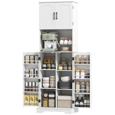 HOMCOM 71.5" Tall Pantry Cabinet, Farmhouse Kitchen Storage Cabinet with Adjustable Shelves, 8 Door Spice Racks, White