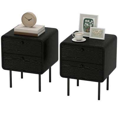 HOMCOM Modern Bedside Tables Set of 2, 2 Pieces Nightstands with 2 Storage Drawers and Steel Legs for Bedroom, Black Wood Grain