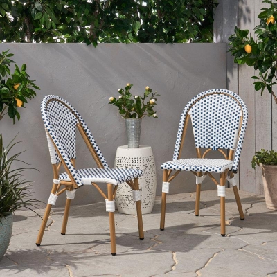 Set of 2 French Bistro Chairs with PE Rattan and Aluminium Frame, Outdoor Chairs with Bamboo Print Finish, 18.5'' L x 21.5'' W x 35'' H, White+Blue
