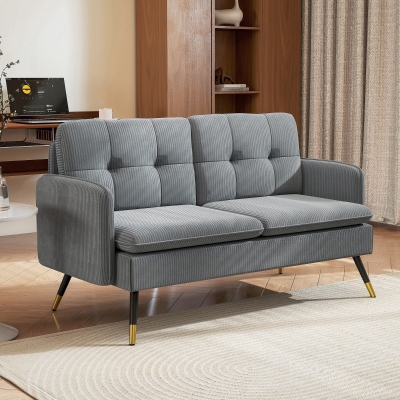 HOMCOM 55" Loveseat Sofa, Corduroy Love Seat w/ S spring, Steel Legs and Button Tufting, Small Couch for Living Room, Dark Grey
