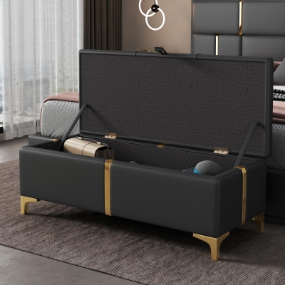 Elegant Upholstered Storage Ottoman with Metal Legs, Generous Storage, Bench for Bedroom and Living Room, 47" L x 15.5" W x 16" H, Black