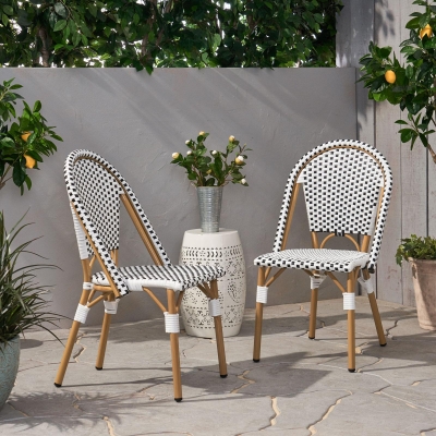Set of 2 French Bistro Chairs with PE Rattan and Aluminium Frame, Outdoor Chairs with Bamboo Print Finish, 18.5'' L x 21.5'' W x 35'' H, White+Black