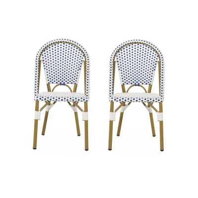 Set of 2 French Bistro Chairs with PE Rattan and Aluminium Frame, Outdoor Chairs with Bamboo Print Finish, 18.5'' L x 21.5'' W x 35'' H, White+Blue
