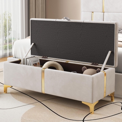 Elegant Upholstered Storage Ottoman with Metal Legs, Generous Storage, Bench for Bedroom and Living Room, 47" L x 15.5" W x 16" H, Beige