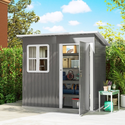 Outsunny 7' x 4' Galvanised Steel Outdoor Storage Shed, Garden Shed with Window, Lockable Wide Door and Air Vents, Dark Grey