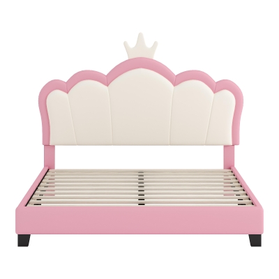 Full Size Upholstered Princess Bed with Crown Headboard, Solid Poplar Wood Frame, Bed Frame for Children, 80" L x 61.5" W x 44" H, Pink