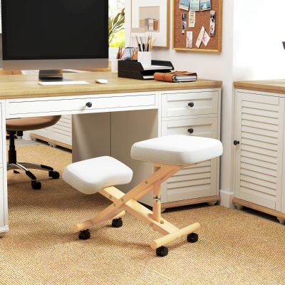 HOMCOM Ergonomic Kneeling Chair, Posture Chair with Rubberwood Frame, Wheels for Office, Posture Correction, Cream White