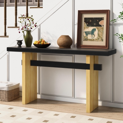 Farmhouse Wood Console Table with Premium Materials, Narrow Entryway Table with Easy Assembly, 59.5'' L x 16'' W x 31.5'' H, Black+Brown