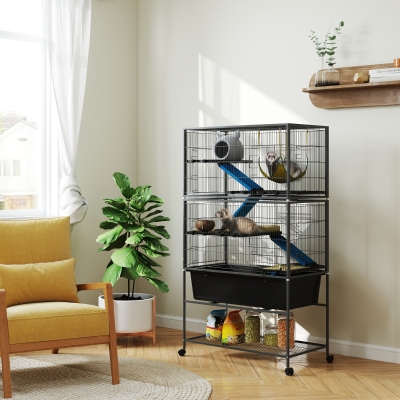 PawHut 59" 5-Level Small Animal Cage, Rolling Ferret Cage with 6.3" Deep Tray, Non-Slip Cloth Covered Ramps, Hammock, Dark Grey