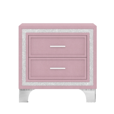 Mid-Century Vintage Nightstand with Silver Glitter Strip Decor, Velvet Bedside Table with Metal Legs and 2 Drawers, 22" L x 16" W x 22" H, Pink