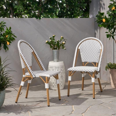 Set of 2 French Bistro Chairs with PE Rattan and Aluminium Frame, Outdoor Chairs with Bamboo Print Finish, 18.5'' L x 21.5'' W x 35'' H, White+Grey