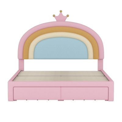 Full Size Upholstered Rainbow Design Bed with Velvet Finish and Storage Drawer, Bed Frame for Children, 77.5" L x 55.5" W x 47" H, Pink